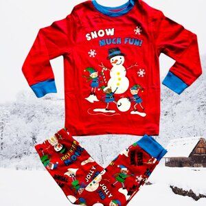 Kids Snow Much Fun Christmas Pajama Set – Red Snowman Elf Print Top & Pants